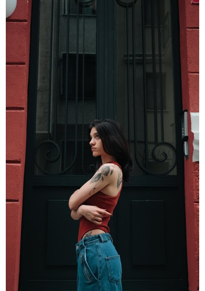 Kiremit Basic Fitilli Detail Crop Bluz