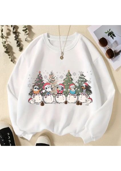 New Year Christmas Dog Baskılı Beyaz Unisex Oversize Bisiklet Yaka Sweatshirt