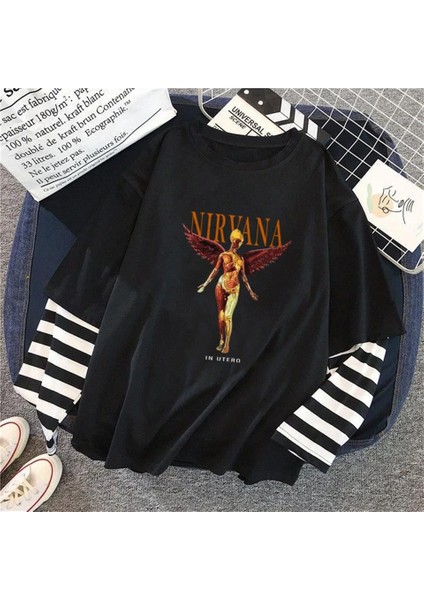 Nirvana In Utero Baskılı Fake Sleeves Siyah T-Shirt