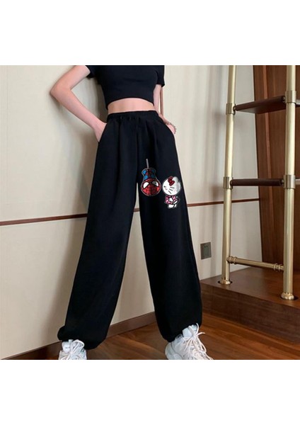 Spider-Man & Hello Kitty Baskılı Oversize Unisex Siyah Eşofman Altı