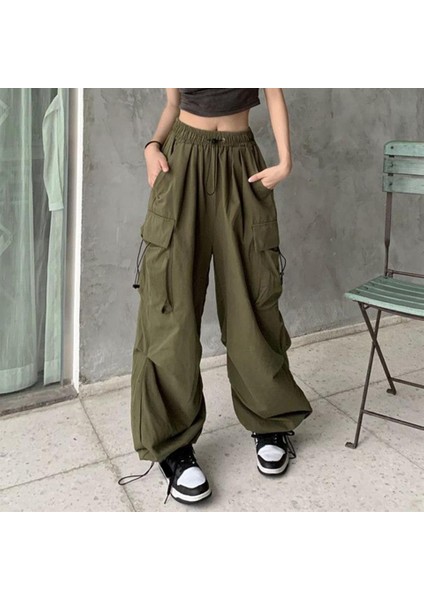 Yeşil Tactical Paraşüt Kumaş Kargo Cepli Oversize Unisex Pantolon fırsatları