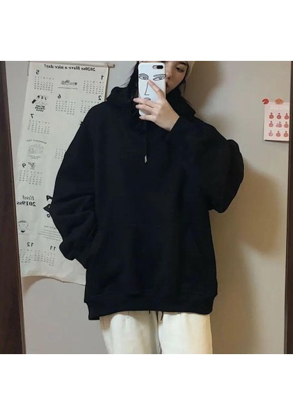 Basic Düz Oversize Unisex Siyah Kapşonlu Hoodie Sweatshirt