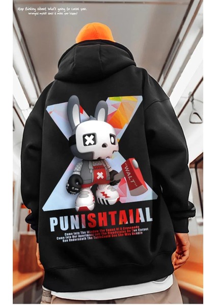 Street Wear Punıshtaıal Baskılı Oversize Unisex Siyah Kapşonlu Hoodie Sweatshirt