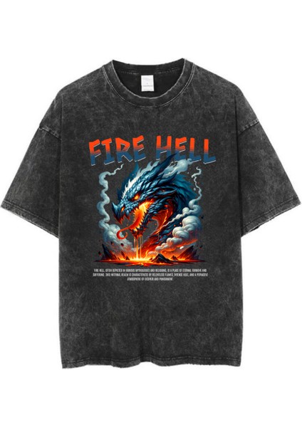 Yıkamalı Fire Hell Baskılı Oversize Vintage T-Shirt
