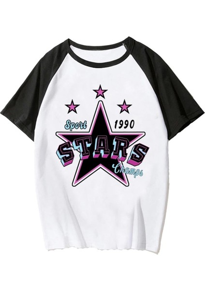 Y2K Star Beyaz Reglan Kol Oversize T-Shirt