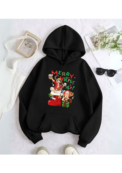 One Piece Merry Christmas Baskılı Kapşonlu Sweatshirt