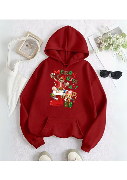 One Piece Merry Christmas Baskılı Kapşonlu Sweatshirt