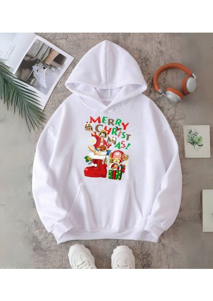 One Piece Merry Christmas Baskılı Kapşonlu Sweatshirt