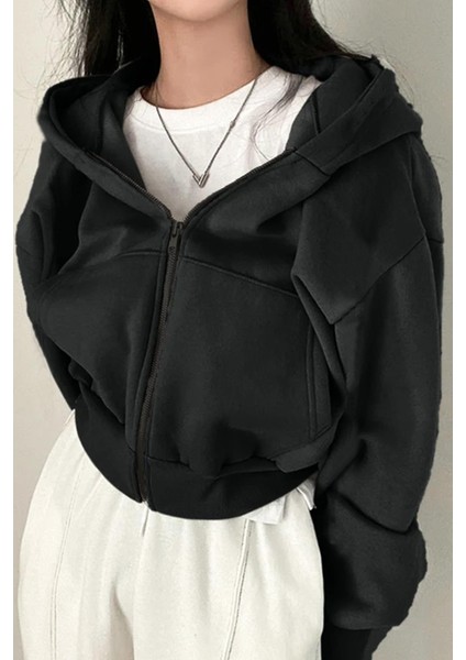 Streetwear Fermuarlı Uzun Kollu Siyah Crop Hırka