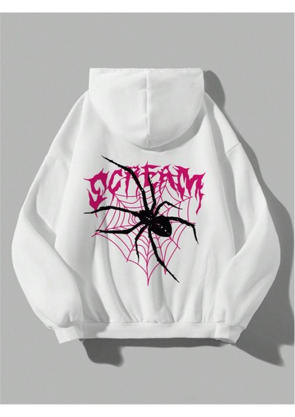Gothic Spider Web Scream Oversize Unisex Beyaz Kapşonlu Hoodie Sweatshirt