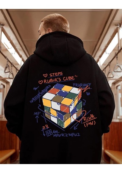 Street Wear Rubik Küp Baskılı Oversize Unisex Siyah Kapşonlu Hoodie Sweatshirt