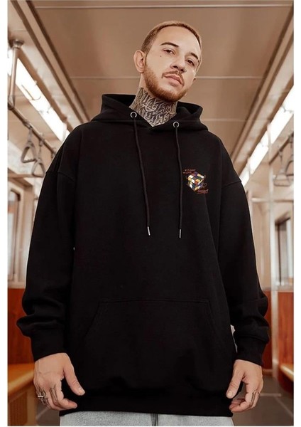 Street Wear Rubik Küp Baskılı Oversize Unisex Siyah Kapşonlu Hoodie Sweatshirt fiyatları