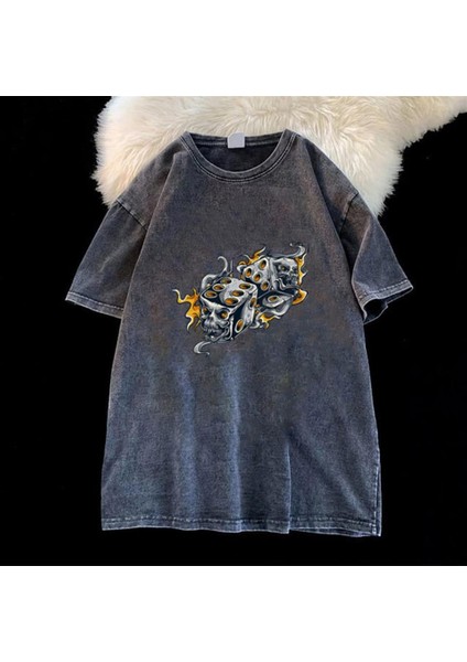 Yıkamalı Flaming Dice Skull Eskitme T-Shirt