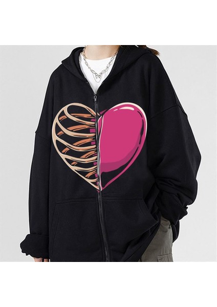Half Rib & Heart Baskılı Oversize Fermuarlı Siyah Unisex Kapüşonlu Hırka