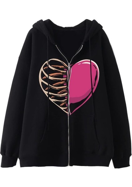 Half Rib & Heart Baskılı Oversize Fermuarlı Siyah Unisex Kapüşonlu Hırka