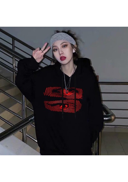 Hypnosis Eyes Baskılı Siyah Unisex Oversize Kapüşonlu Sweatshirt