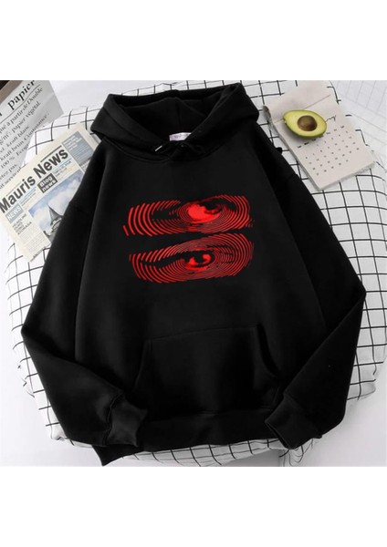 Hypnosis Eyes Baskılı Siyah Unisex Oversize Kapüşonlu Sweatshirt