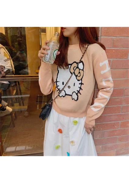 Harajuku Hello Kitty Kahverengi Oversize Crop Kazak