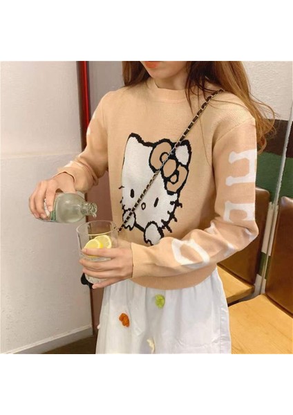 Harajuku Hello Kitty Kahverengi Oversize Crop Kazak fiyatları