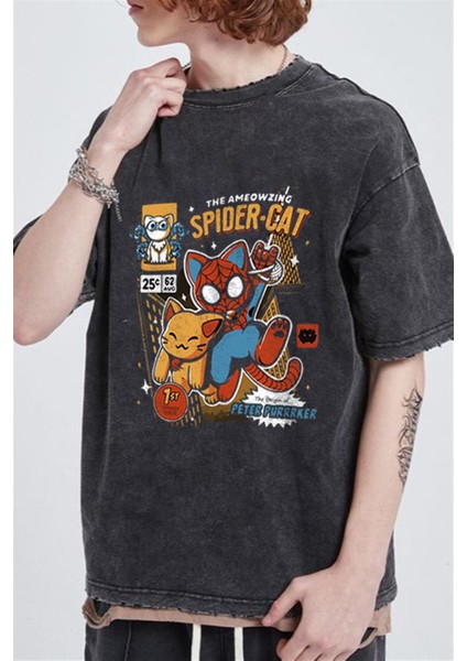 Yıkamalı Spider-Cat Baskılı Oversize Eskitme T-Shirt