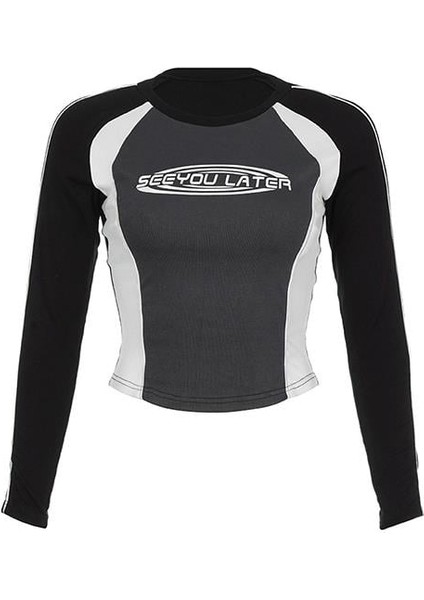 See You Later Şeritli Uzun Kol Baskılı Crop Bluz fiyatları