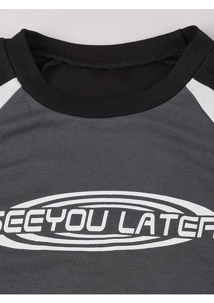 See You Later Şeritli Uzun Kol Baskılı Crop Bluz indirimleri