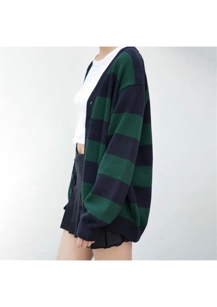 Yeşil Siyah Çizgili Oversize Triko Hırka