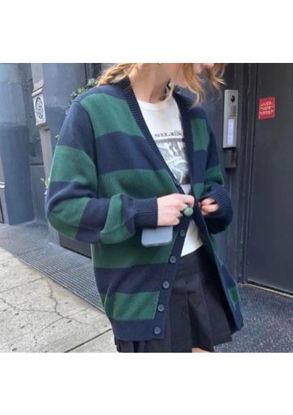 Yeşil Siyah Çizgili Oversize Triko Hırka