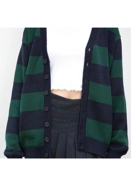 Yeşil Siyah Çizgili Oversize Triko Hırka