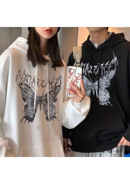 Harajuku Butterfly Oversize Unisex Beyaz Kapşonlu Hoodie Sweatshirt