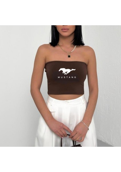 Mustang Baskılı Likralı Pamuklu Penye Straplez