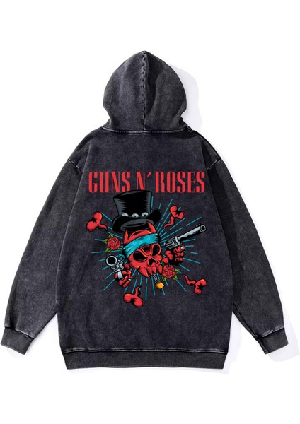 Yıkamalı Kumaş Rock Serisi Guns'n Roses Kapüşonlu Hoodie Sweatshirt