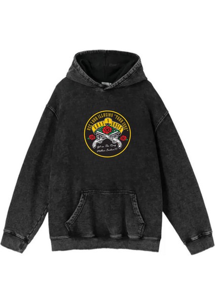 Yıkamalı Kumaş Rock Serisi Guns'n Roses Kapüşonlu Hoodie Sweatshirt