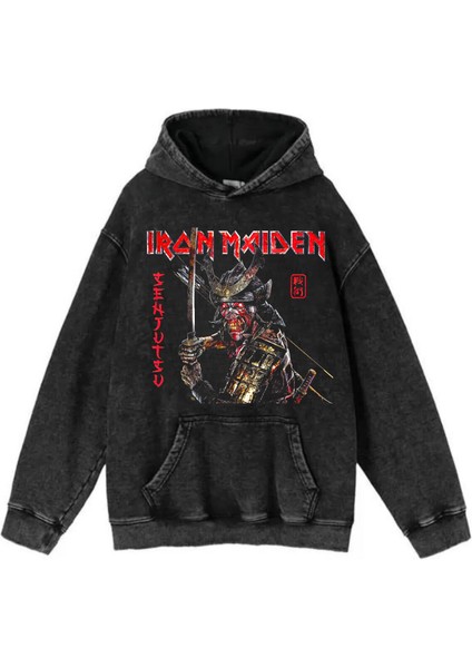 Yıkamalı Kumaş Rock Serisi Iron Maiden Kapüşonlu Hoodie Sweatshirt