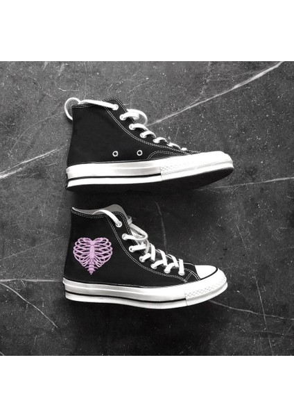Heart Rib Baskılı Siyah Unisex Kanvas Ayakkabı