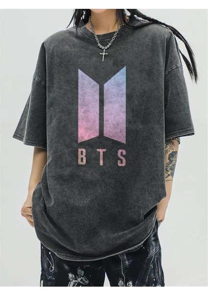 Yıkamalı Bts Logo Unisex Eskitme T-Shirt