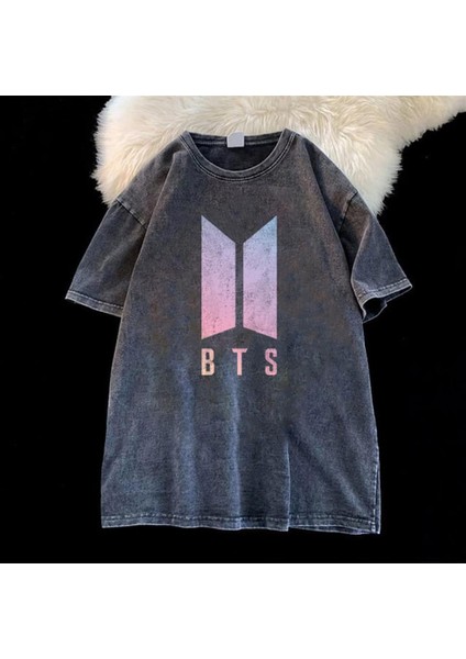 Yıkamalı Bts Logo Unisex Eskitme T-Shirt
