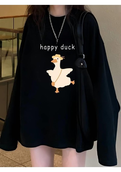 Happy Duck Siyah Unisex Oversize Bisiklet Yaka Sweatshirt