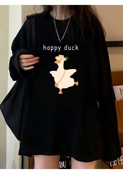 Happy Duck Siyah Unisex Oversize Bisiklet Yaka Sweatshirt