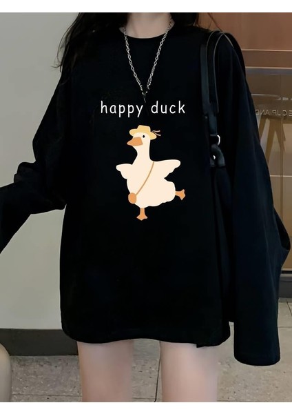 Happy Duck Siyah Unisex Oversize Bisiklet Yaka Sweatshirt