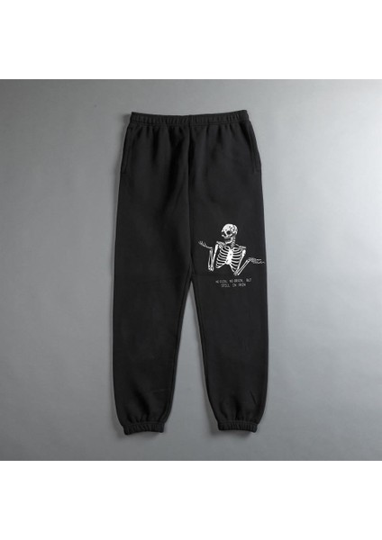 Gothic Confused Skeleton Baskılı Oversize Unisex Siyah Eşofman Altı