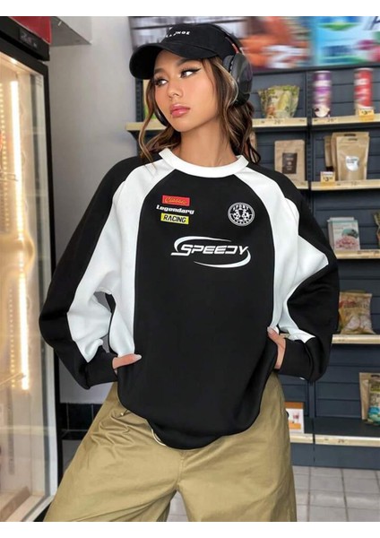 Speedy Baskılı Line Detail Unisex Oversize Bisiklet Yaka Siyah Sweatshirt