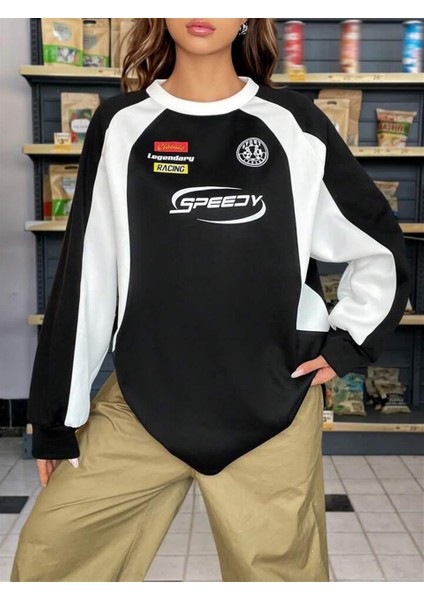 Speedy Baskılı Line Detail Unisex Oversize Bisiklet Yaka Siyah Sweatshirt