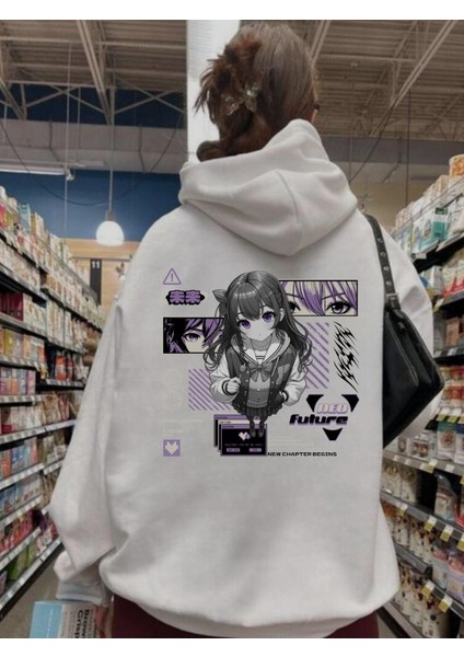 Harajuku Anime Girl Baskılı Beyaz Kapşonlu Sweatshirt