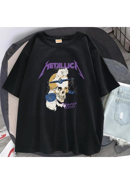 Rock Serisi Metallica Damaged Justice Siyah Unisex Oversize T-Shirt