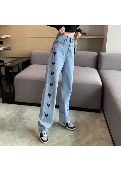 Kalp Naskış Işlemeli Streetwear Baggy Mavi Pantolon
