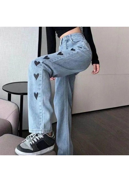 Kalp Naskış Işlemeli Streetwear Baggy Mavi Pantolon fiyatları