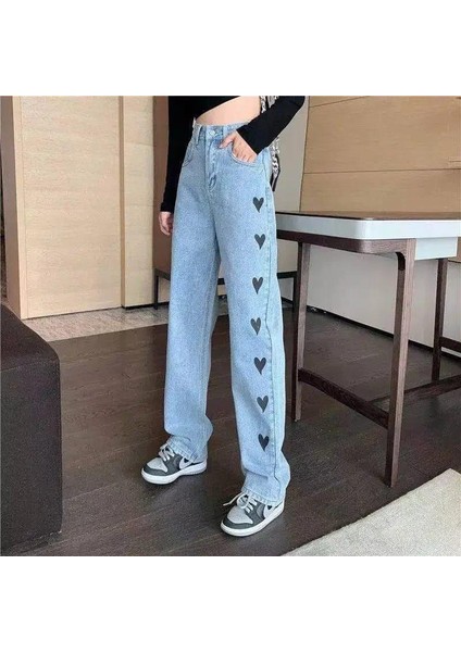 Kalp Naskış Işlemeli Streetwear Baggy Mavi Pantolon modelleri