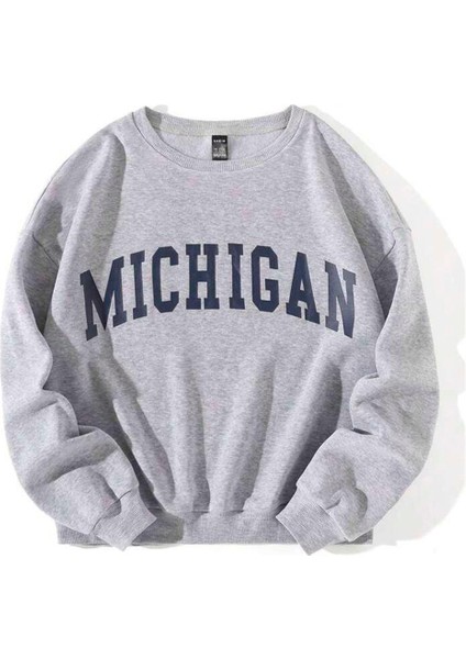 Michigan Baskılı Gri Unisex Oversize Bisiklet Yaka Sweatshirt