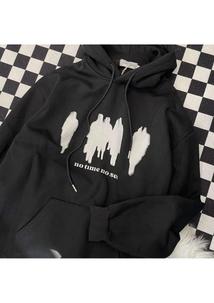 Y2K No Time No See Baskılı Oversize Unisex Siyah Kapşonlu Hoodie Sweatshirt